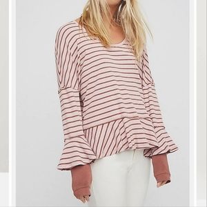 Free People Waffle Knit Stripe Peplum Ruffle Top Long Sleeve